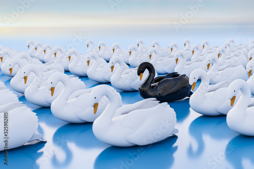 Fototapeta Naklejka Na Ścianę i Meble -  3d render: Black swan event - term for a very seldom event with a major effect often resulting in a stock market crash. One black swan within a swarm of white swans.