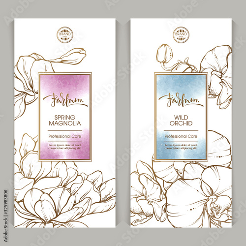 Stylish design parfum with graphic illustration of magnolia and orchid flowers on abstract watercolor background.