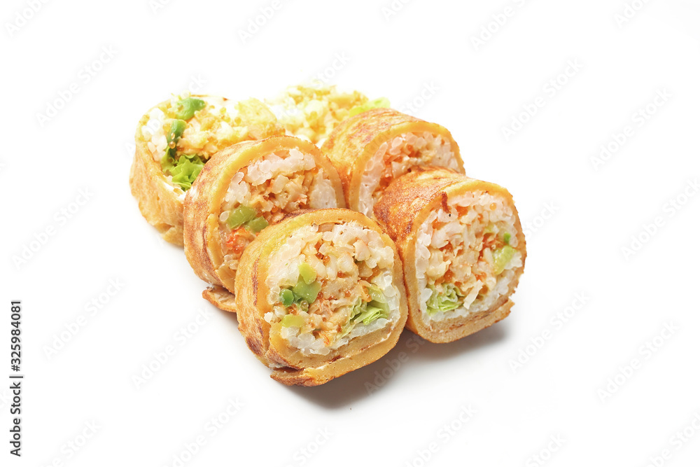 Sushi with caviar, kimchi, cucumber and avocado wrapped in a tamago nigiri omelette. Sushi on a white background Sushi with caviar, kimchi, cucumber and avocado wrapped in a tamago nigiri omelette. Sushi on a white background