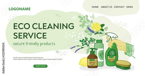 Template for the landing page for the eco cleaning service. Hand with a spray gun, jars, flowers on an abstract cloud. Banner for non-toxic house cleaning. Concept of green home. Vector illustration.