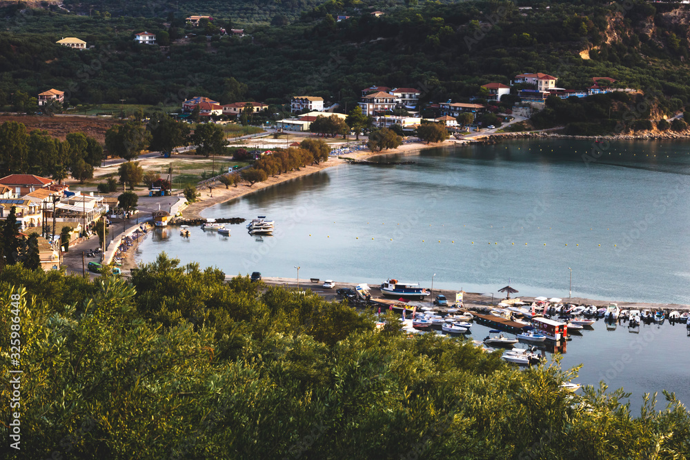 Sunrise high angle view of Keri village in Zakynthos, Greece