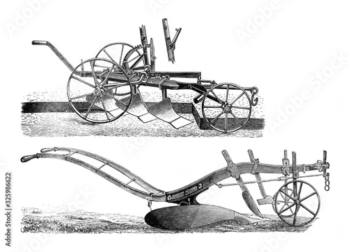 Fotografie Old antique plough / antique engraved illustration from Brockhaus Konversations