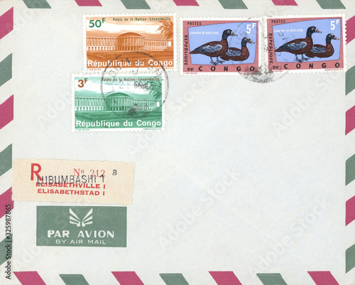 Luftpost airmail Kongo Congo vintage retro air mail Enten Hartlaubente duck bird Vogel Léopoldville Gebäude Villa orange grün Elisabethville Lubumbashi Eischreiben registered alt old 212 frankiert photo