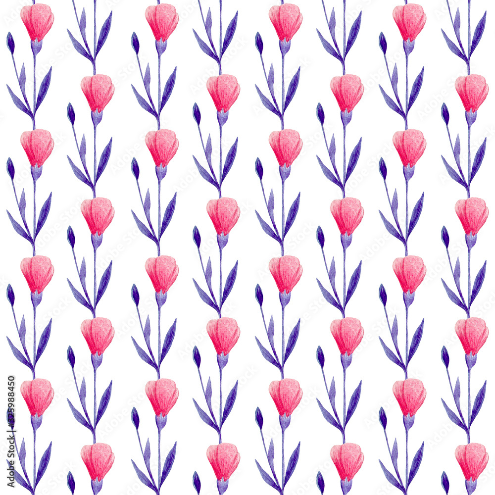 Floral seamless pattern for fabric design, textile, wrapping paper, wallpaper. Small hand drawn bright pink flowers with blue leaves on a white background