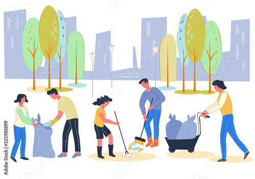 Volunteers social work for environment conservation and cleaning city from waste. Urban ecology and garbage collecting. Town renovation and keeping eco clean and green. Flat vector illustration.