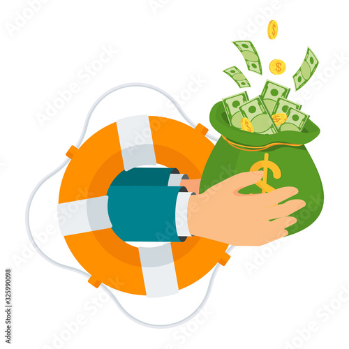 Hand with bag of money protrudes from life buoy.