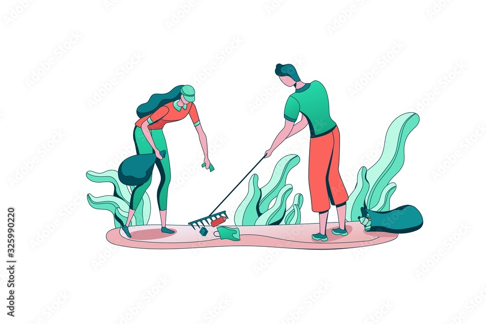 People clearing litter at the park with bag, volunteer picking and sorting garbage, team reduce plastic pollution of environment, recycle trash, flat cartoon vector ecology illustration