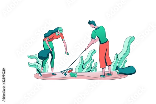 People clearing litter at the park with bag, volunteer picking and sorting garbage, team reduce plastic pollution of environment, recycle trash, flat cartoon vector ecology illustration