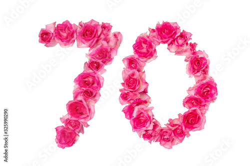 Number 70 made from pink roses on a white isolated background. Element for decoration. Anniversary, holiday.