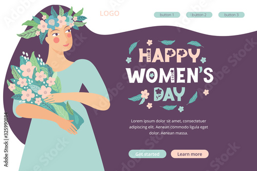 Landing page template for spring design on the theme happy women s day. Web page design for March 8. Beautiful woman with a bouquet of flowers. Flat vector illustrations. Design banner, website, app.