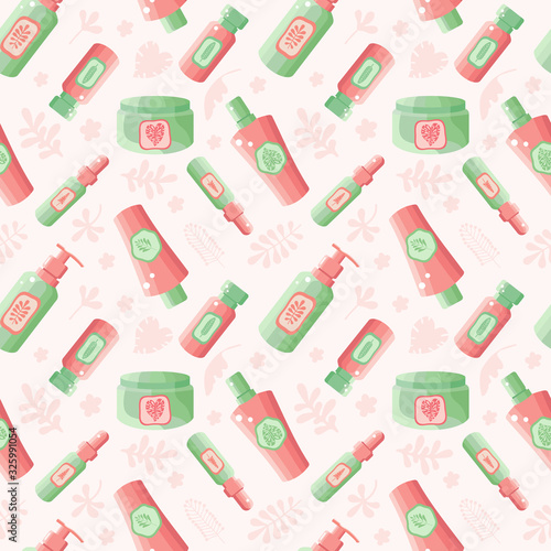 Seamless pattern of face and body cosmetics in vector. Cosmetics from plants and herbs. Background natural herbal organic cosmetic. Skin care. Spa eco product. Design for of beauty salons and stores.