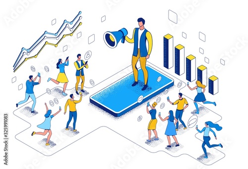 Influencer standing with megaphone and refer a friend to affiliate program, blogger and followers, people like post in social media network, 3d vector isometric illustration with outline and texture