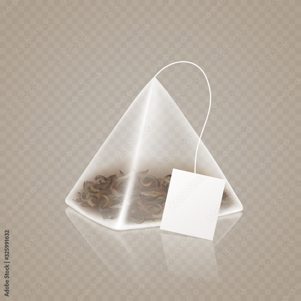 Tea bag pyramid shape isolated on transparent background. Vector triangle realistic 3d teabag with label element design.. Tea bag pyramid shape isolated on transparent background. Vector triangle realistic 3d teabag with label element design..