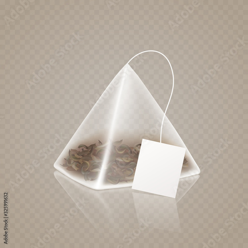 Tea bag pyramid shape isolated on transparent background. Vector triangle realistic 3d teabag with label element design..