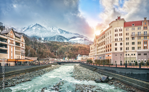 Река и горы Mzymta River and the snowy peaks of the mountains photo