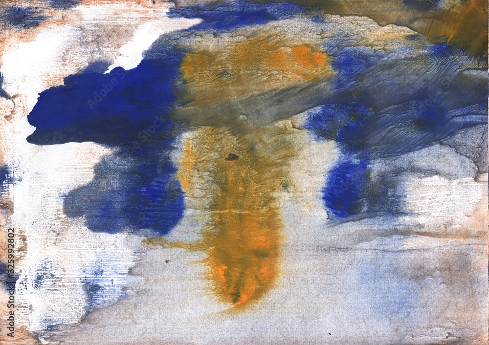 Brown and blue spots on a gray background. Abstract watercolor painting