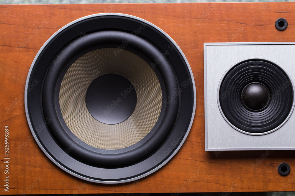Audio speaker with a wooden brown case on a black background. Audio speaker with a wooden brown case on a black background.