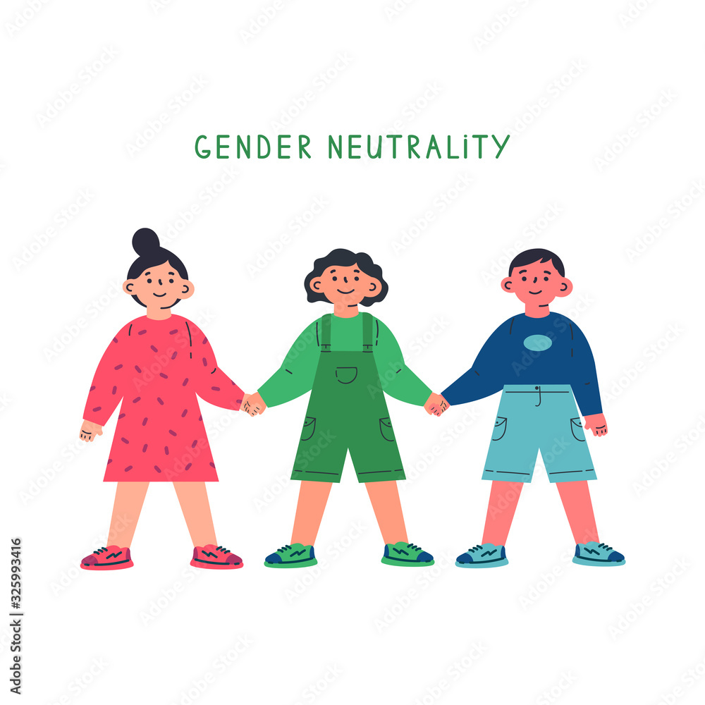 Girl, boy and gender neutral child holding hands.Gender neutrality.Blu,pink,green colour.Break the binary concept.No discrimination.Cartoon character on white background.Colorful vector illustration