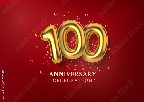 100th Anniversary celebration. Number in the form of golden balloons. Realistic 3d gold numbers and sparkling confetti, glitters. Horizontal template for Birthday or wedding event. Vector illustration