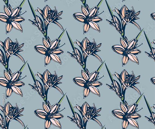 Seamless floral pattern with Lily flowers. Hand drawn ink illustration. Vector pattern. Print for textile  cloth  wallpaper  scrapbooking