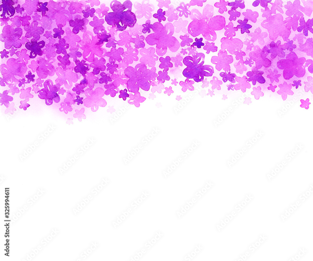 Cute easy drawing pink and purple flower on white background. Freehand watercolor painting. Design element for poster, flyer, invitation card, web banner.