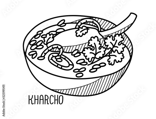 Hand drawn vector illustration of Kharcho. Doodle isolated on white background with hand written title of the dish.