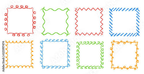 Crayon hand drawing square frames. Set of colorful rectangular ornate design element chalk or pencil like kids drawn style. Vector doodle art stroke line banner border, template, copy space background