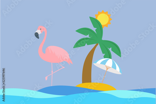 Summer Vector Illustration of a Flamingo in the Sea With an Island, Beach, Palm Tree, Sun and a Parasol 