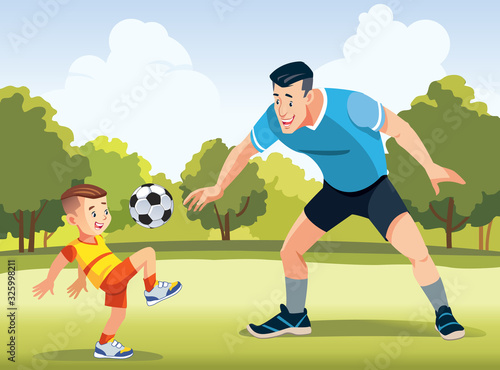 Young father with his little son playing football on football pitch at the day time. Concept of friendly family. Happy father's day. Vector illustration.