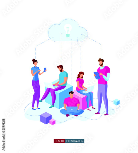 Trendy flat illustration. Office workers planing business mechanism, analyze business strategy and exchange ideas.Template for your design works. Vector graphics.