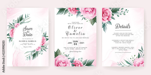 Wedding invitation card template set with watercolor floral border. Flowers decoration for save the date, greeting, rsvp, thank you, poster, cover, etc. Botanic illustration vector