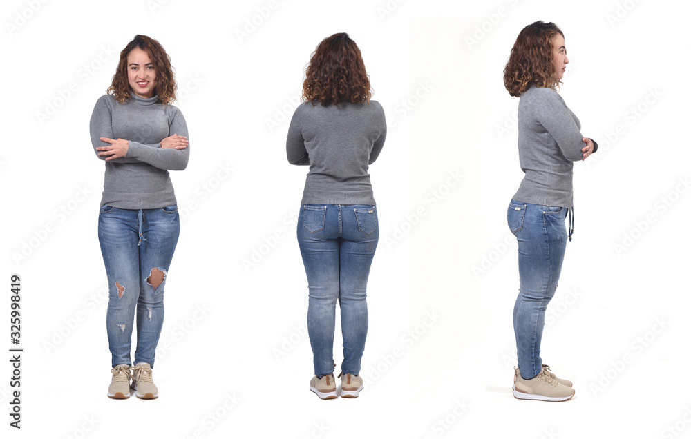 Woman With Jeans Front Back And Side View On White Background Arms