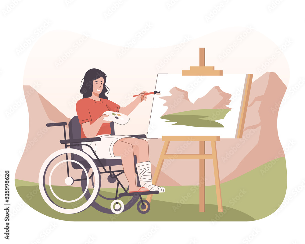 Disabled woman in wheelchair painting landscape