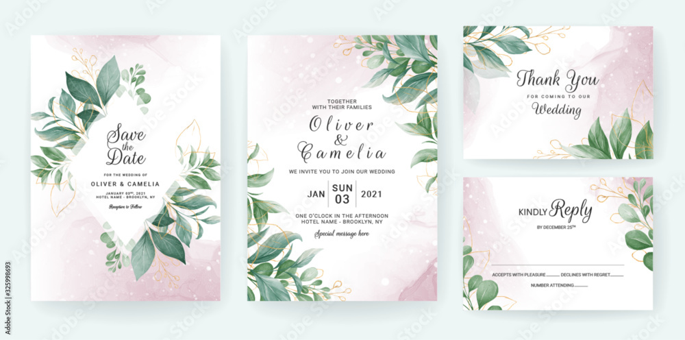 Wedding invitation card template set with watercolor gold leaves decoration. Floral background for save the date, greeting, menu, details, poster, cover, etc. Botanic illustration vector