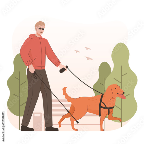 Blind man with walking stick and guide dog in park. Disabled people