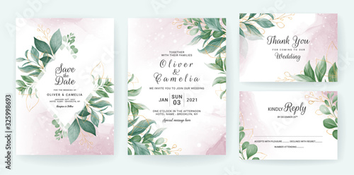 Wedding invitation card template set with watercolor gold leaves decoration. Floral background for save the date  greeting  menu  details  poster  cover  etc. Botanic illustration vector
