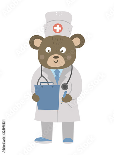 Vector bear doctor with stethoscope writing an anamnesis. Cute funny animal character. Medicine picture for children. Healthcare icon isolated on white background.