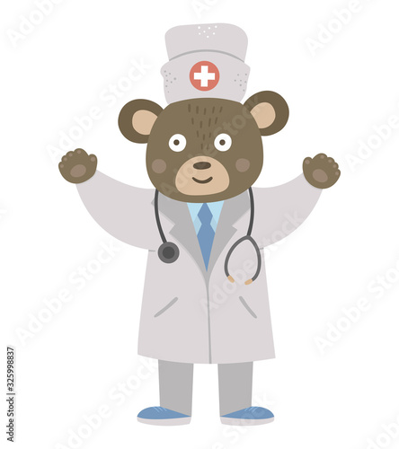 Vector bear doctor in medical hat with stethoscope. Cute funny animal character. Medicine picture for children. Healthcare icon isolated on white background.