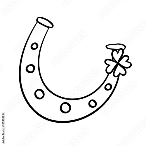 Happy horseshoe with clover.Vector isolated illustration on a white background.Traditional symbol of St. Patrick's Day. For the design of theme parties, invitations, flyers.