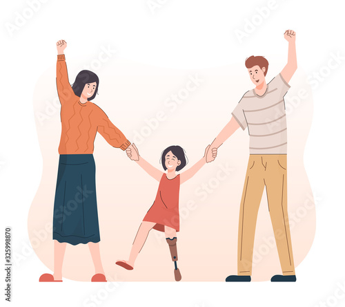 Happy girl with prosthetic leg and her parents holding hands. Disabled people spending time with family