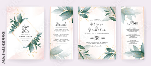 Wedding invitation card template set with watercolor gold leaves decoration. Floral background for save the date, greeting, menu, details, poster, cover, etc. Botanic illustration vector
