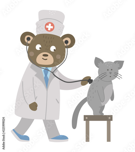 Vector animal doctor treating patient. Bear listening to cat’s lungs. Cute funny characters. Medicine picture for children. Hospital scenes isolated on white background.