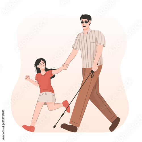 Girl helping blind person with long cane on street