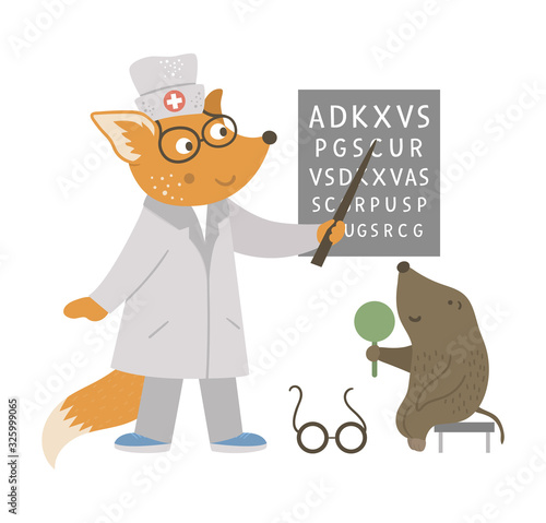 Vector animal doctor treating patient. Squirrel checking mole’s eyesight. Cute funny characters. Medicine picture for children. Hospital scenes isolated on white background.