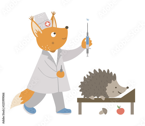 Vector animal nurse treating patient. Fox giving hedgehog an injection. Cute funny characters. Medicine picture for children. Hospital scenes isolated on white background.