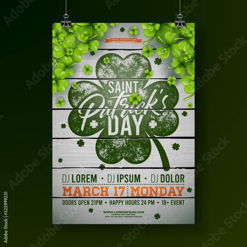 Saint Patrick's Day Celebration Party Flyer Illustration with Clover and Typography Letter on Vintage Wood Background. Vector Irish Lucky Holiday Design for Poster, Banner or Invitation.