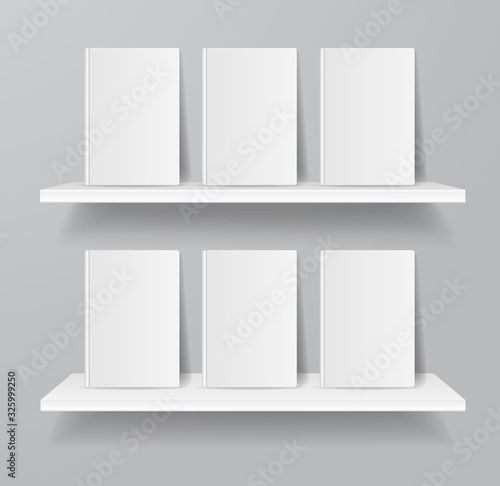 Realistic Detailed 3d Empty Template Mockup Books on Shelves Set. Vector
