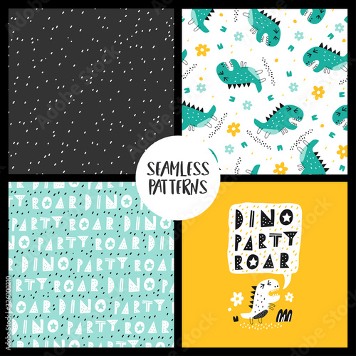 Seamless pattern with cute dino. Creative vector childish background for fabric, textile, nursery wallpaper. Background with words DINO PARTY ROAR.