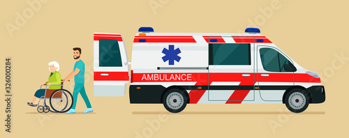 Ambulance van, side view. Nurse strolling with elder grey haired woman in wheelchair. Vector flat style illustration.