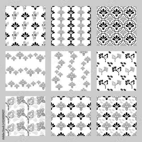 Black and white abstract flowers vector seamless pattern bundle collection. Doodle style monochromatic pattern, black elements isolated on white background. 